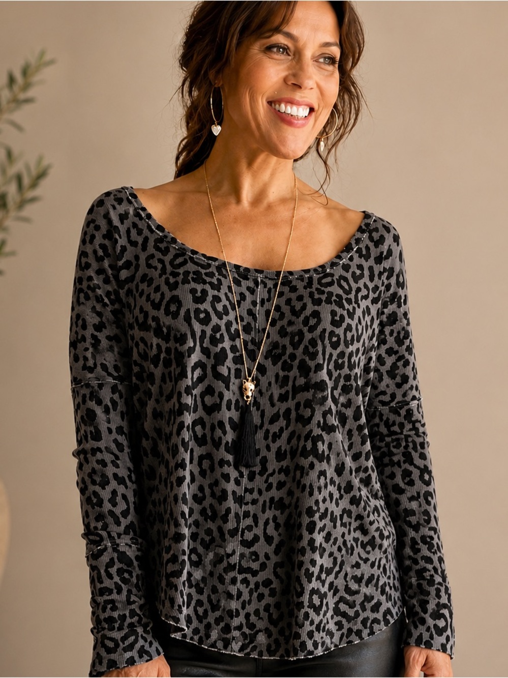Lucky Brand Waffle Print Long Sleeve Flowy Animal Print Top